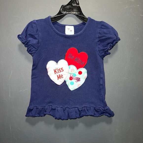Smock Monkey Valentine's Day Candy Short Sleeve Ruffle Top Girls 3T Navy Blue - Picture 1 of 5